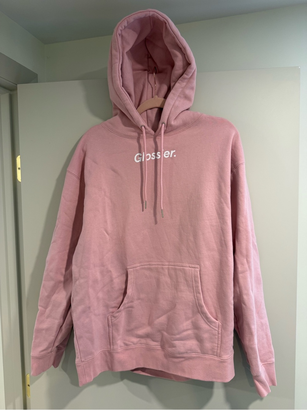 Glossier Pink Pullover Hoodie with White Logo